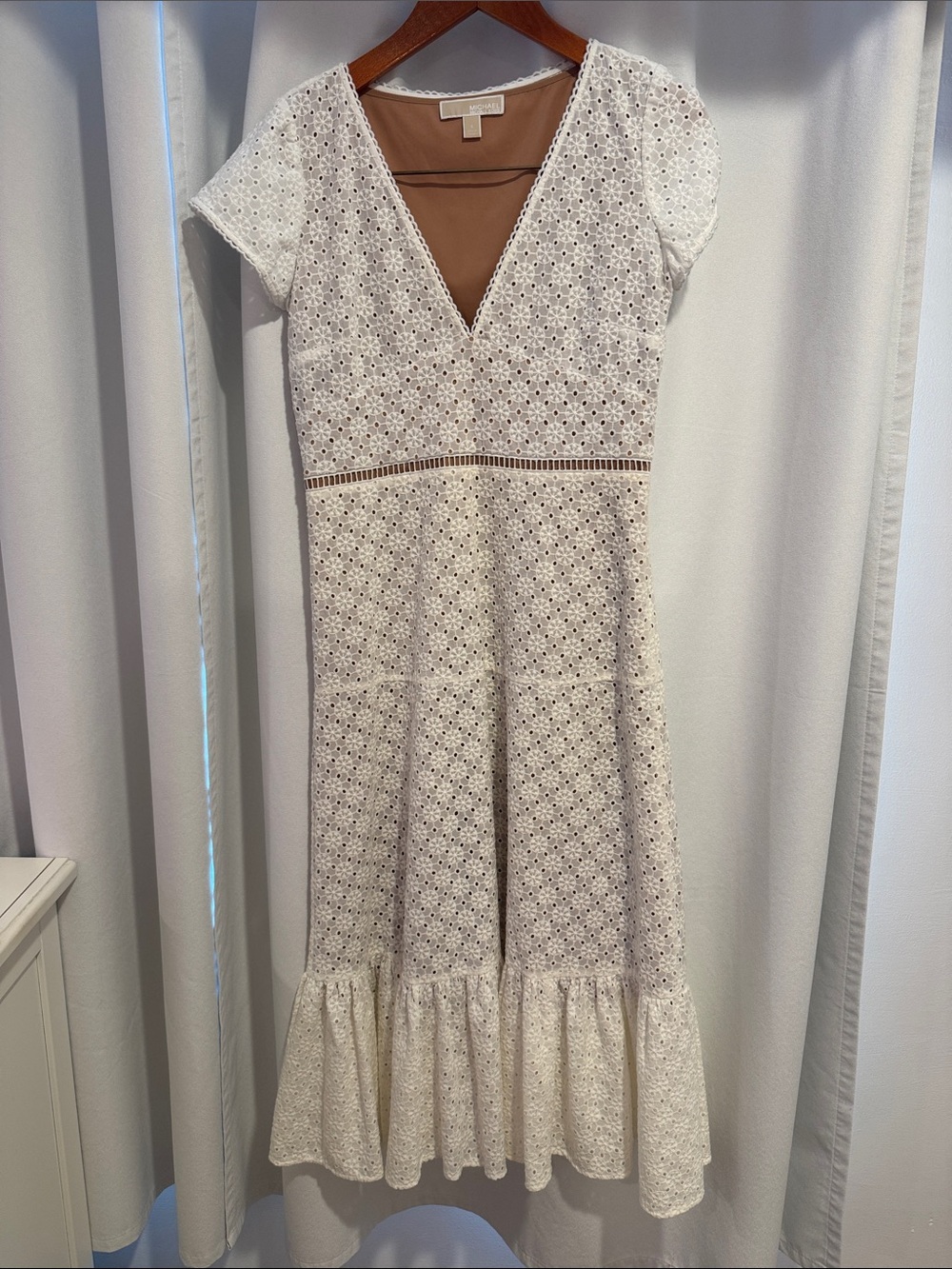 Michael Kors White Eyelet V‑Neck Midi Dress